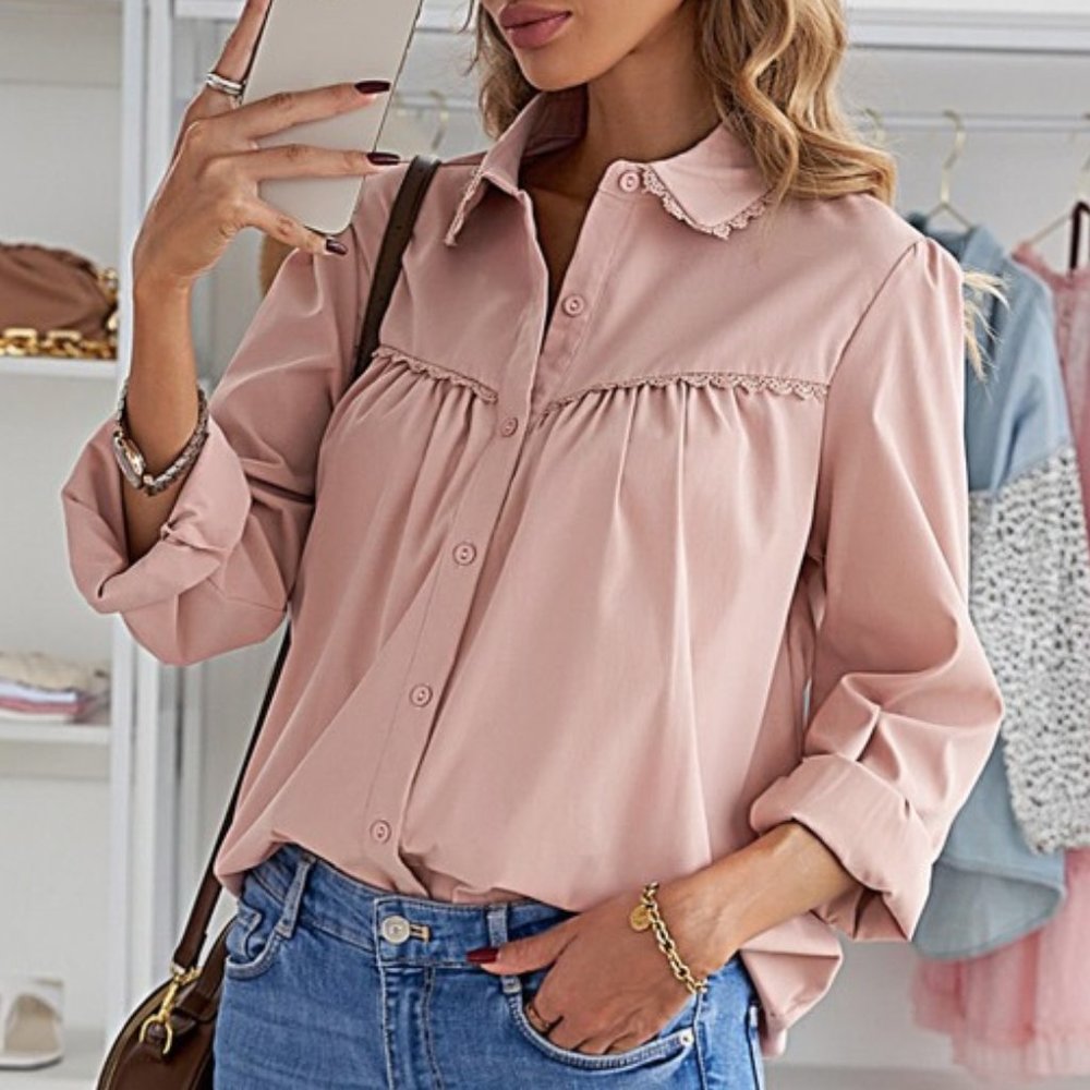 Pink Pleated Bust Button Up Shirt